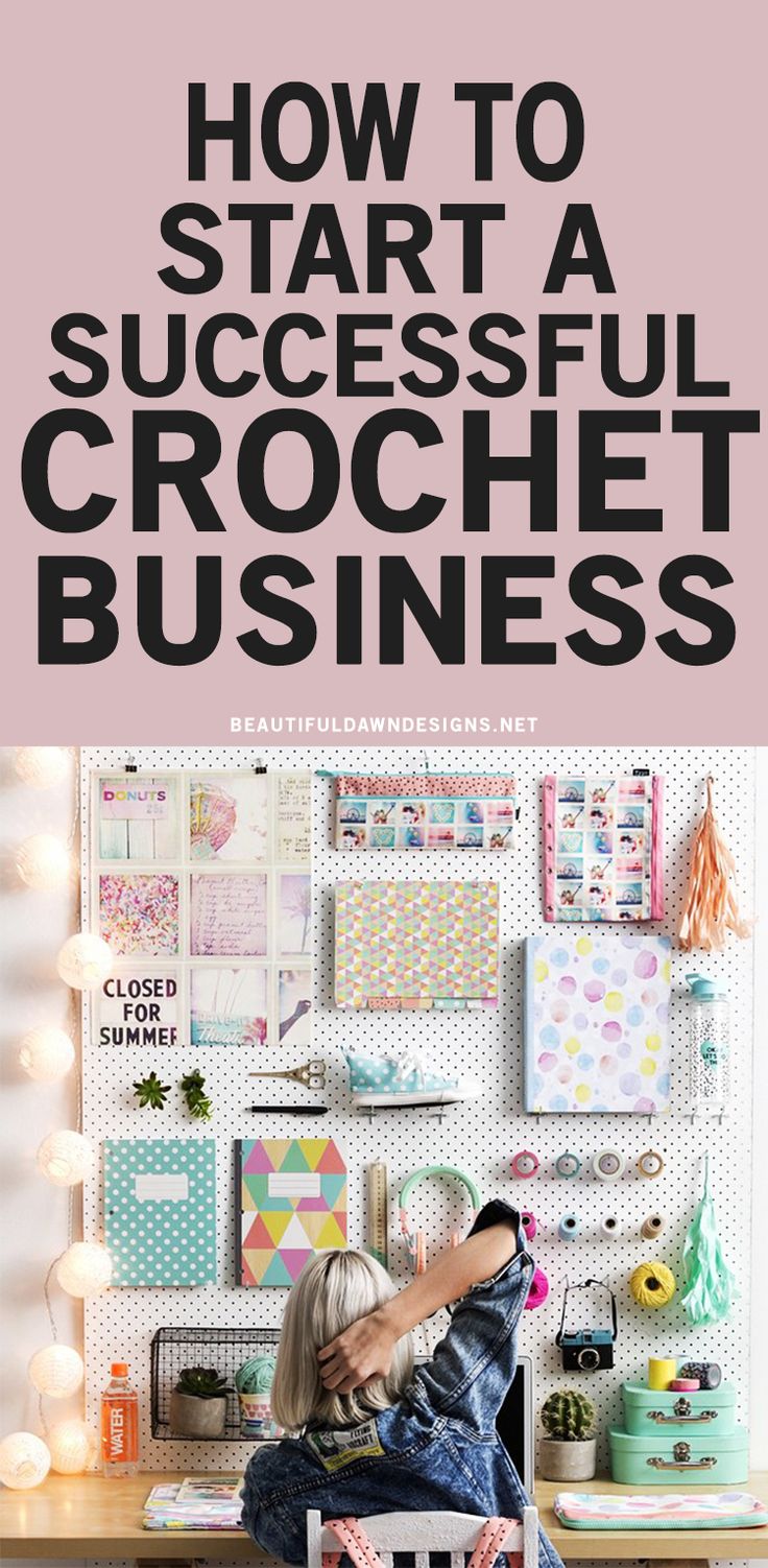 a woman sitting on top of a chair in front of a desk with the words how to start a successful crochet business