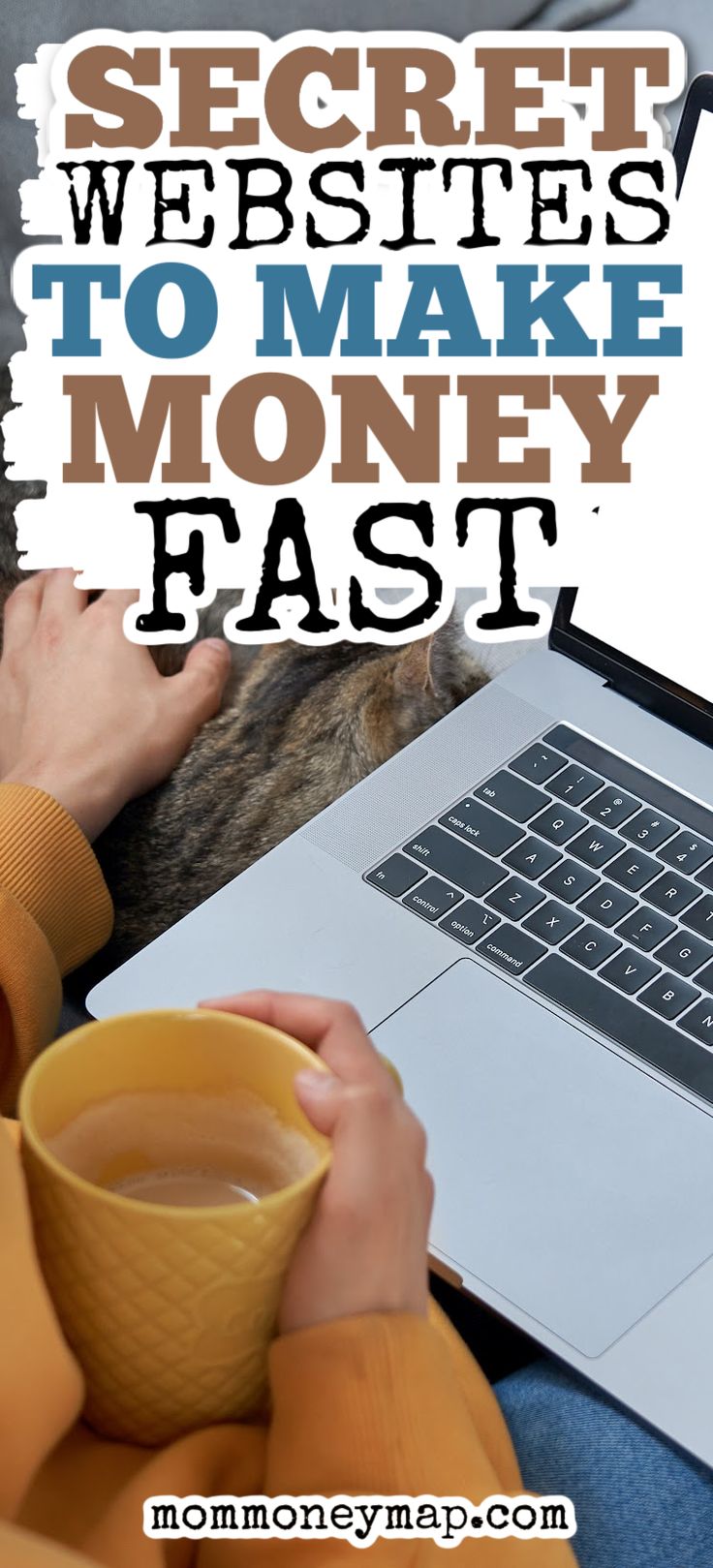 a woman holding a coffee cup while using a laptop computer with the words secret website to make money fast