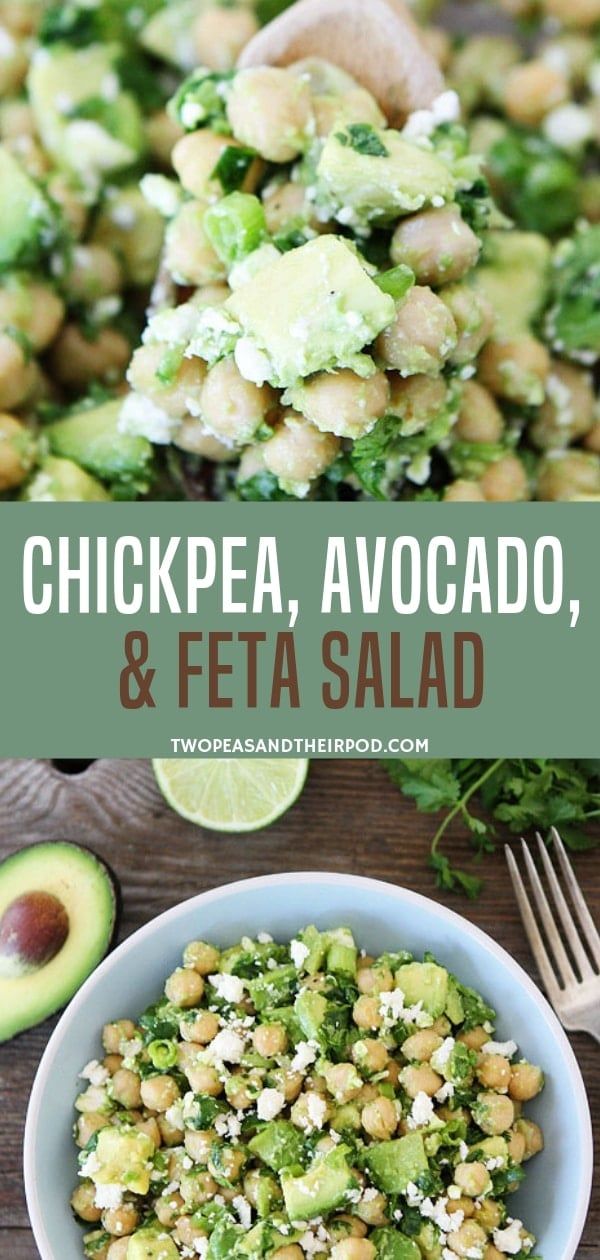 chickpea, avocado, and feta salad in a bowl on a wooden table