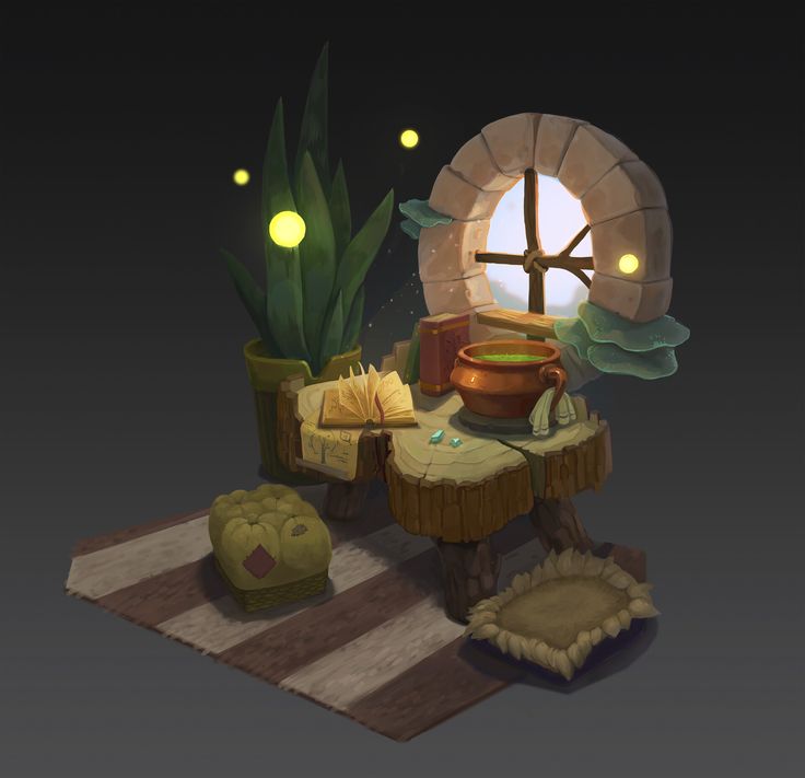 an animated image of a table with potted plants and other items on it, in front of a window