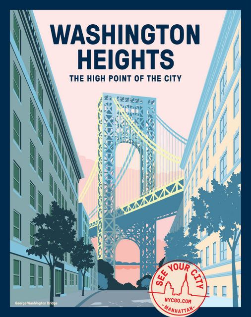 the cover of washington heights is shown in blue and pink with an image of a bridge