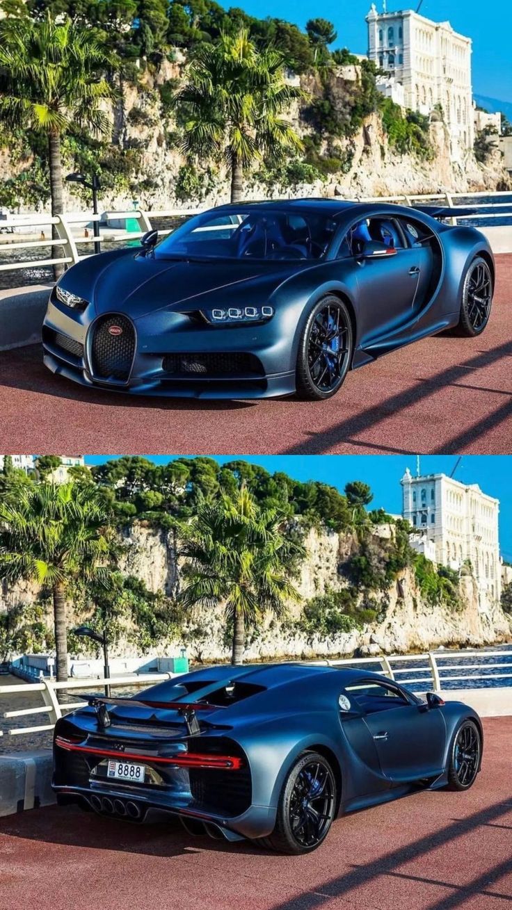 the bugatti supercar is shown in three different views