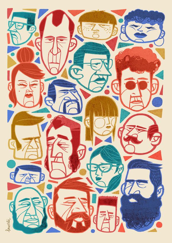 the faces of many people are drawn in different colors and sizes, including red, blue,