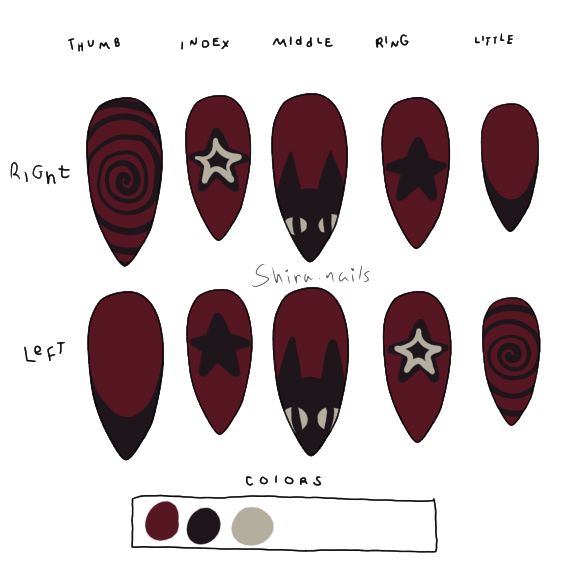 Hippy Nail Art Designs, Cool Nail Designs Coffin, Mcr Inspired Nails, Easy Gothic Nails, Scene Nails Acrylic, Cavetown Nails, Alternative Nail Designs, Weird Core Nails, Persona 5 Nails