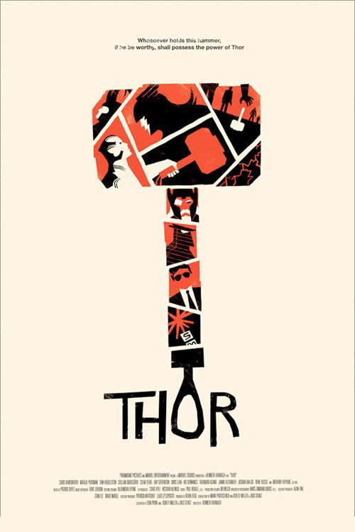 the movie poster for thor, which features an image of a hammer with multiple images on it