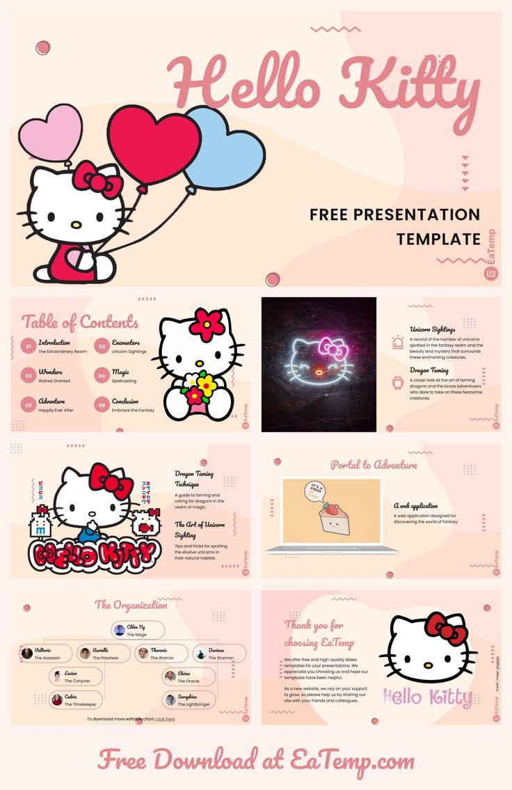 hello kitty powerpoint presentation template is shown in this image, it has pink and red colors
