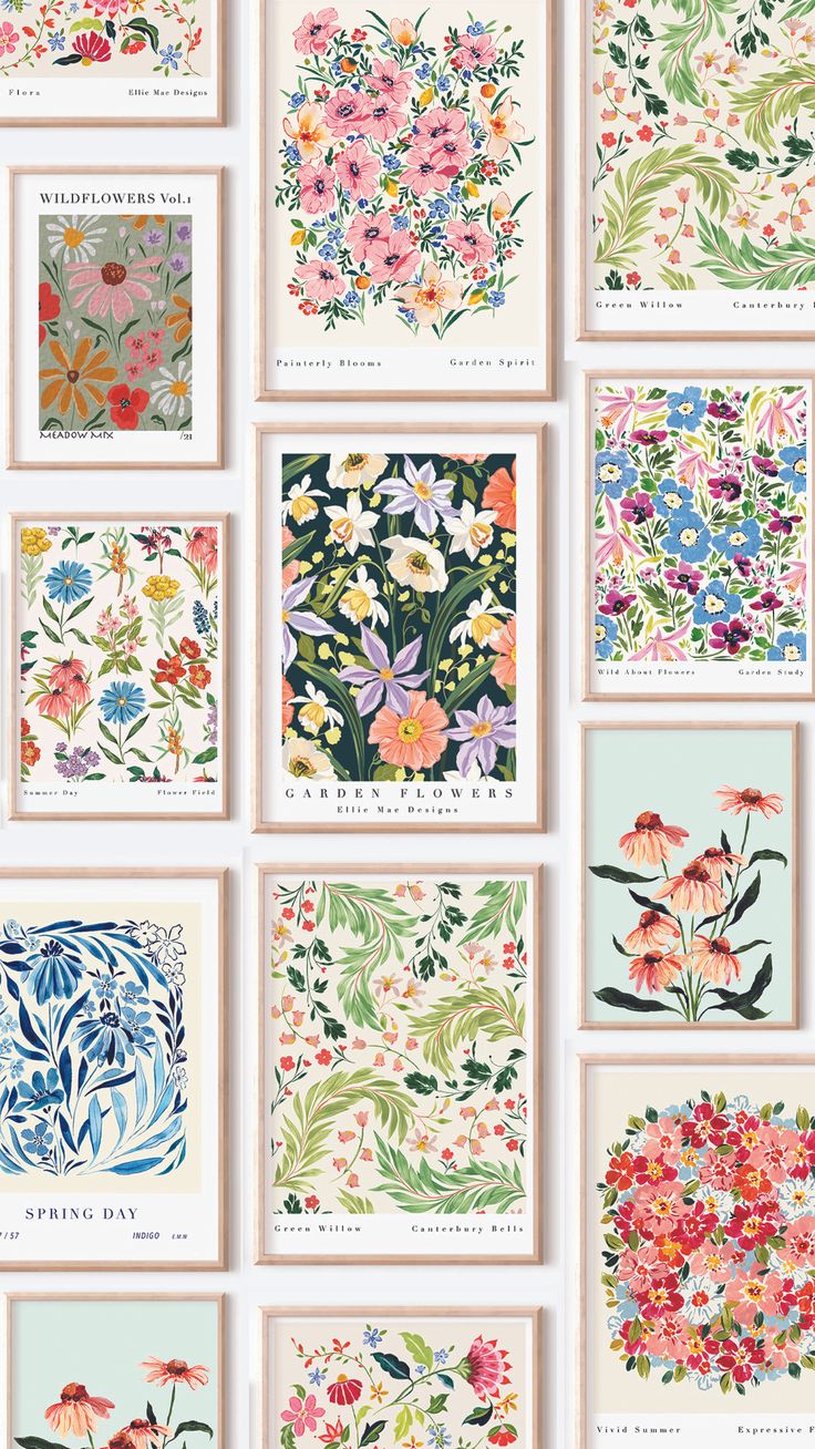 a bunch of cards with flowers on them in different colors and sizes, all lined up next to each other