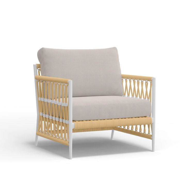 a white and wooden chair with grey cushions on an isolated background for use in interior design