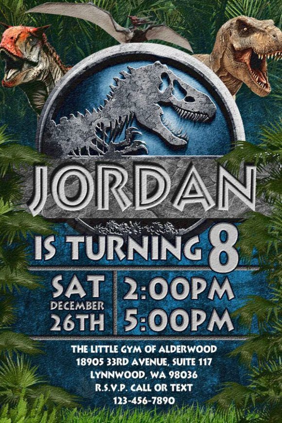 an image of a dinosaur birthday party with the name jordan on it's back