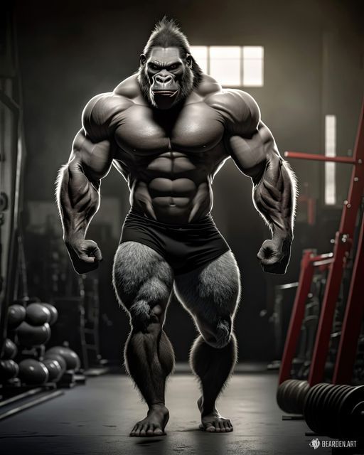 an image of a man in the gym with a gorilla face on his chest and arms