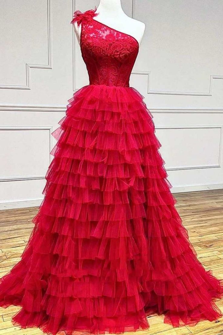 Plus Size Ball Gown Lace One Shoulder Multi-Tiered Prom Dress with Ruf – XIAOPINWU Dress Burgundy Formal Dress, Tiered Prom Dress, Prom Dress Burgundy, Color Borgoña, Red Lace Prom Dress, One Shoulder Prom Dress, High Low Prom Dresses, Gown Lace, Corset Dress Prom