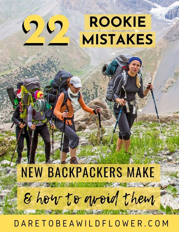 three hikers with backpacks and hiking poles on the top of a mountain text reads, 22 rokie mistakes new backpackers make & how to avoid them