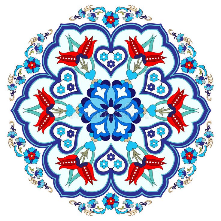 a blue and white circular design with red birds on it's center is shown