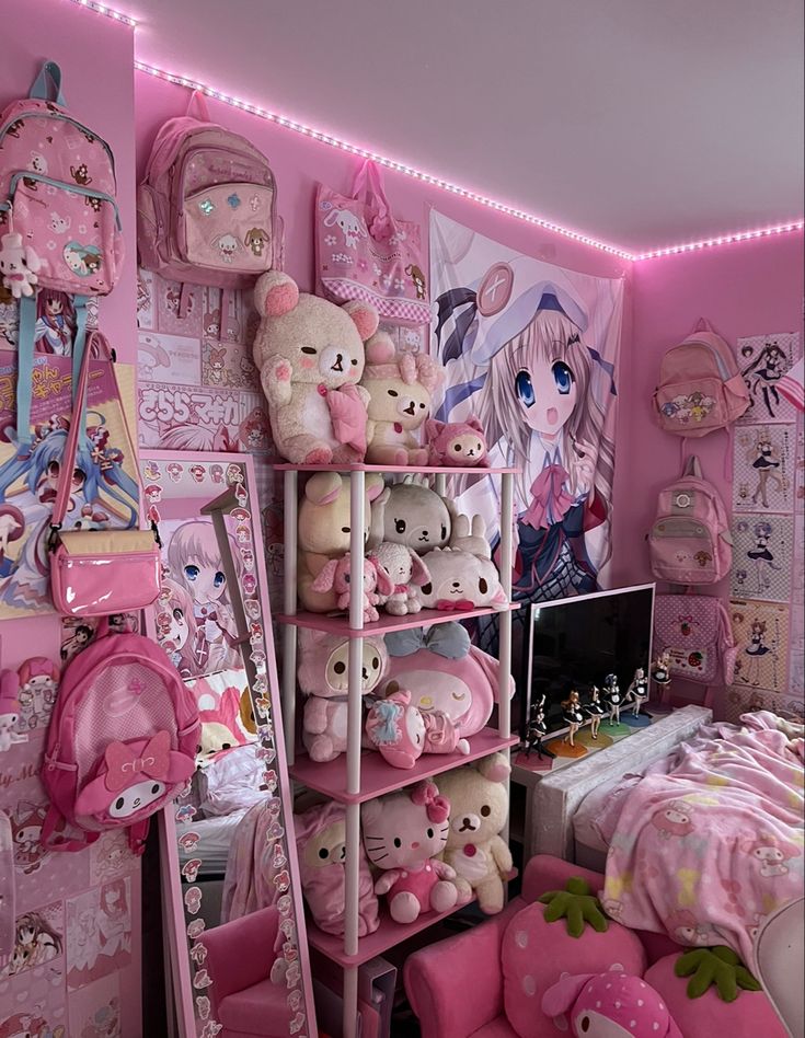 a room filled with lots of stuffed animals and pink decor on it's walls