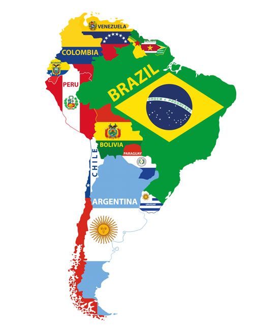 the map of south america with all countries flags on it's borders, including brazil and argentina