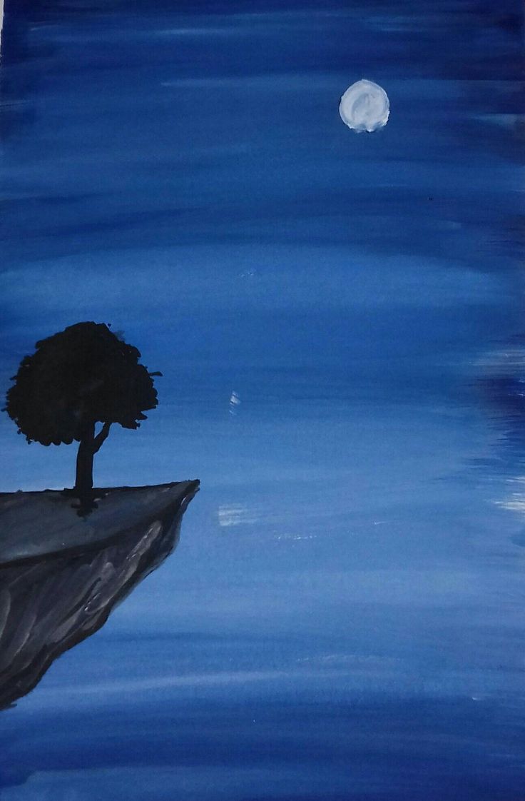 a painting of a tree sitting on top of a cliff under a moonlit sky