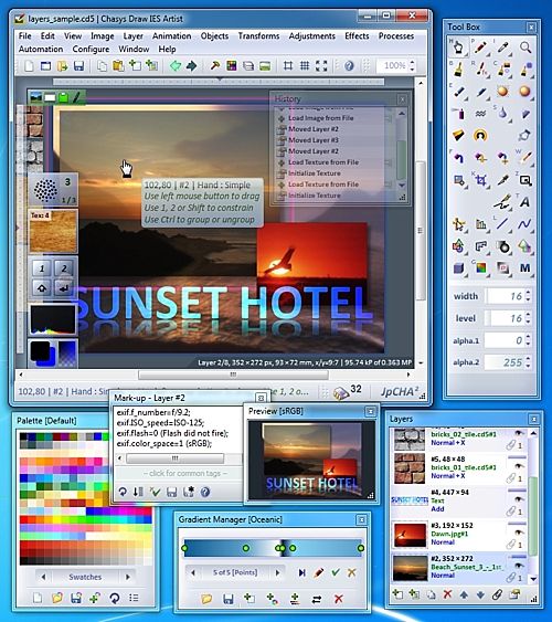 an image of sunset hotel on the webpage for windows xp or mac, with images and text added