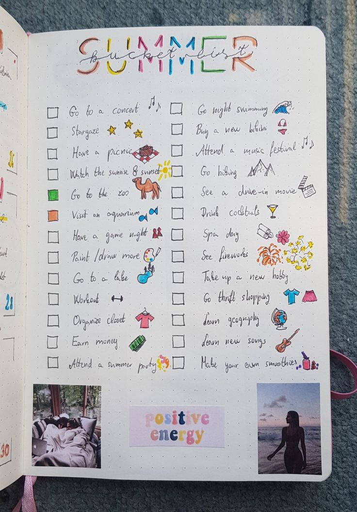 an open notebook with pictures and writing on the pages that are filled with summer activities