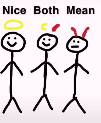 three stick figures with the words nice both mean written above them, and an image of two