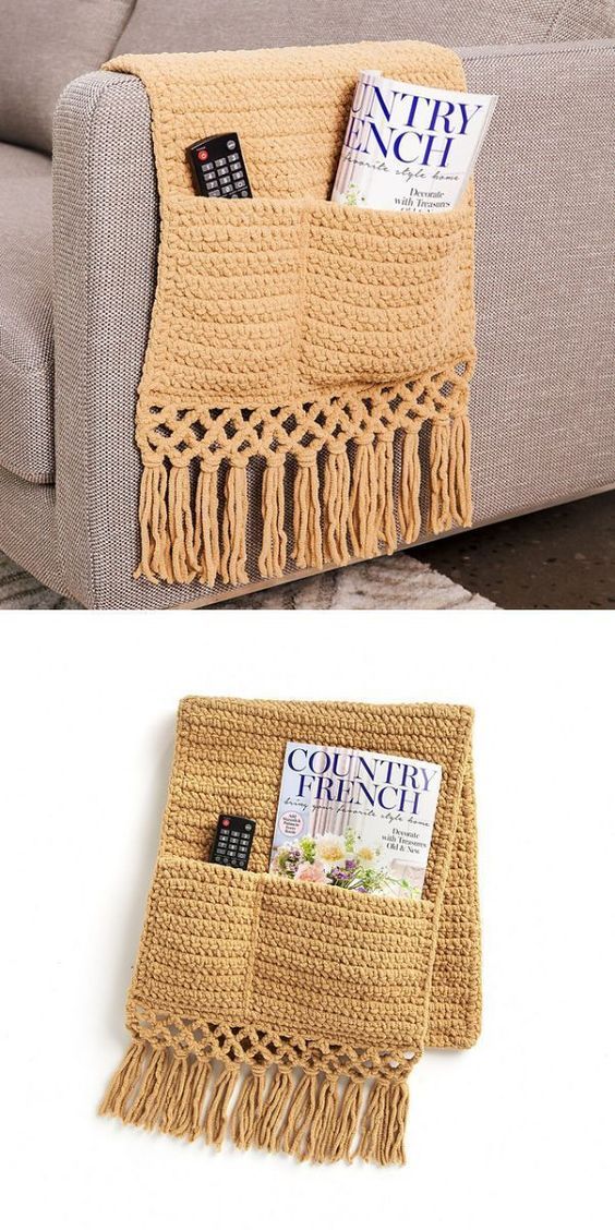 a couch with a magazine holder on it and a crocheted scarf hanging from the back
