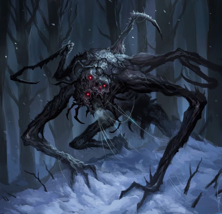 a creepy looking spider in the middle of a snowy forest with red eyes on it's face