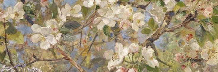 an oil painting of white flowers on a tree