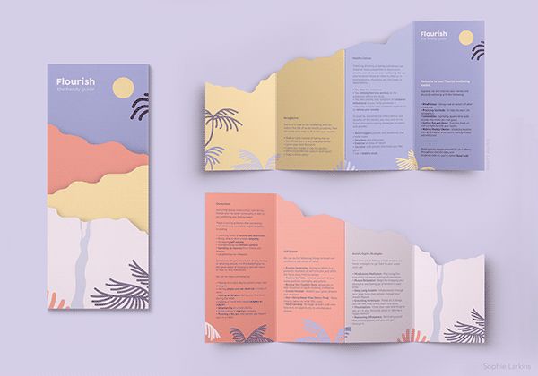 three fold brochure with palm trees on the front and back side, in pastel colors