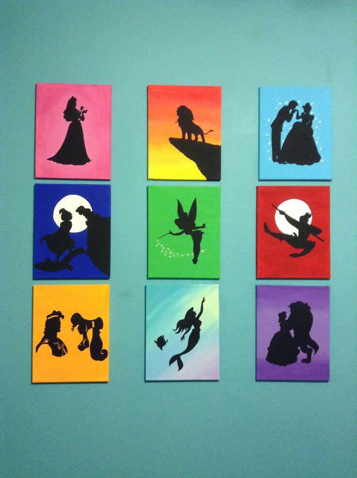 the silhouettes of disney princesses are painted on colorful paper