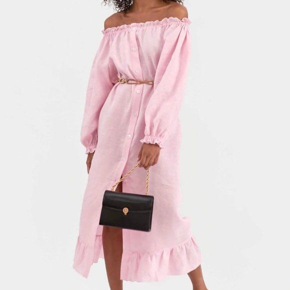 Loungewear Dress in Pink by Daily Sleeper One Size Daily Sleeper, Chilling At Home, Loungewear Dress, Elastic Sleeves, Linen Dress Women, Long Puff Sleeves, Linen Dress, Model Measurements, One Size Fits All