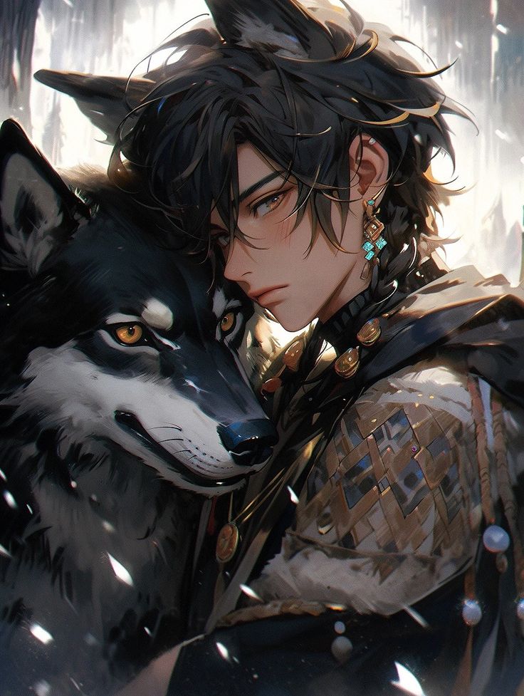 an anime character holding a wolf in the snow with his arm around another person's shoulder