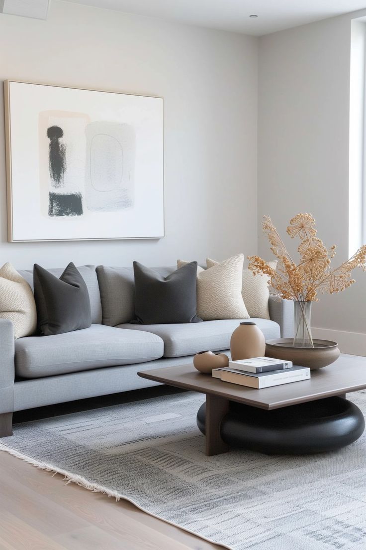 a living room with a couch, coffee table and large painting on the wall behind it