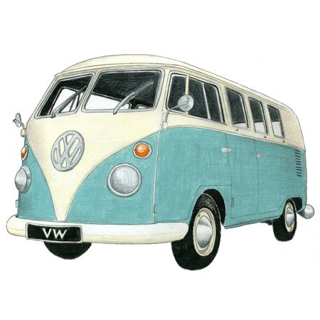 a blue and white vw bus is parked