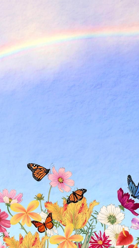 colorful flowers and butterflies with a rainbow in the background