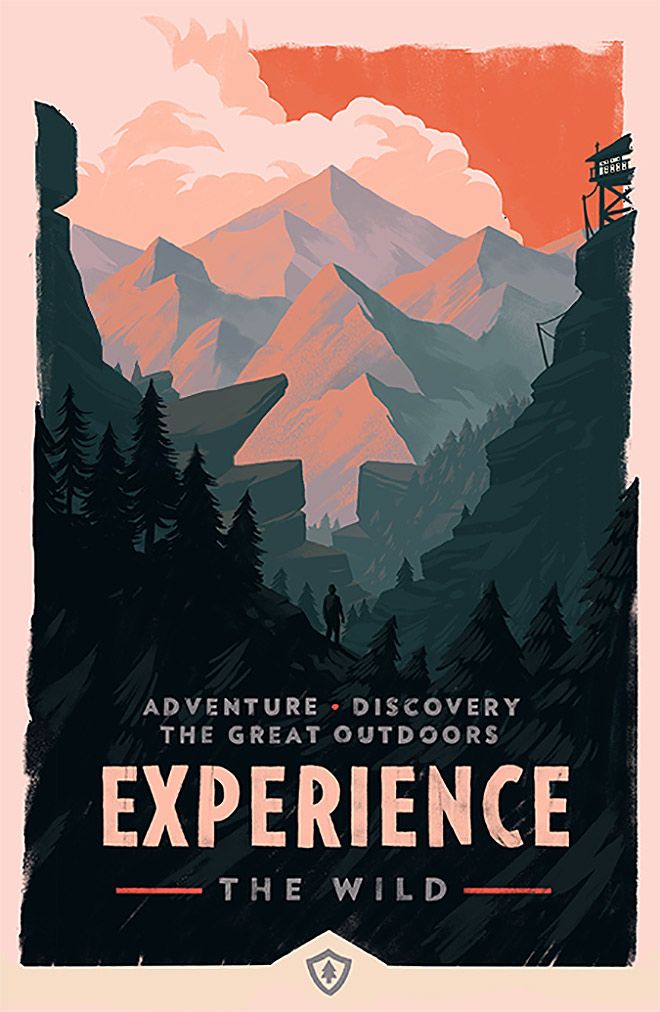 an advertisement for the great outdoorss experience in the wild, featuring mountains and trees