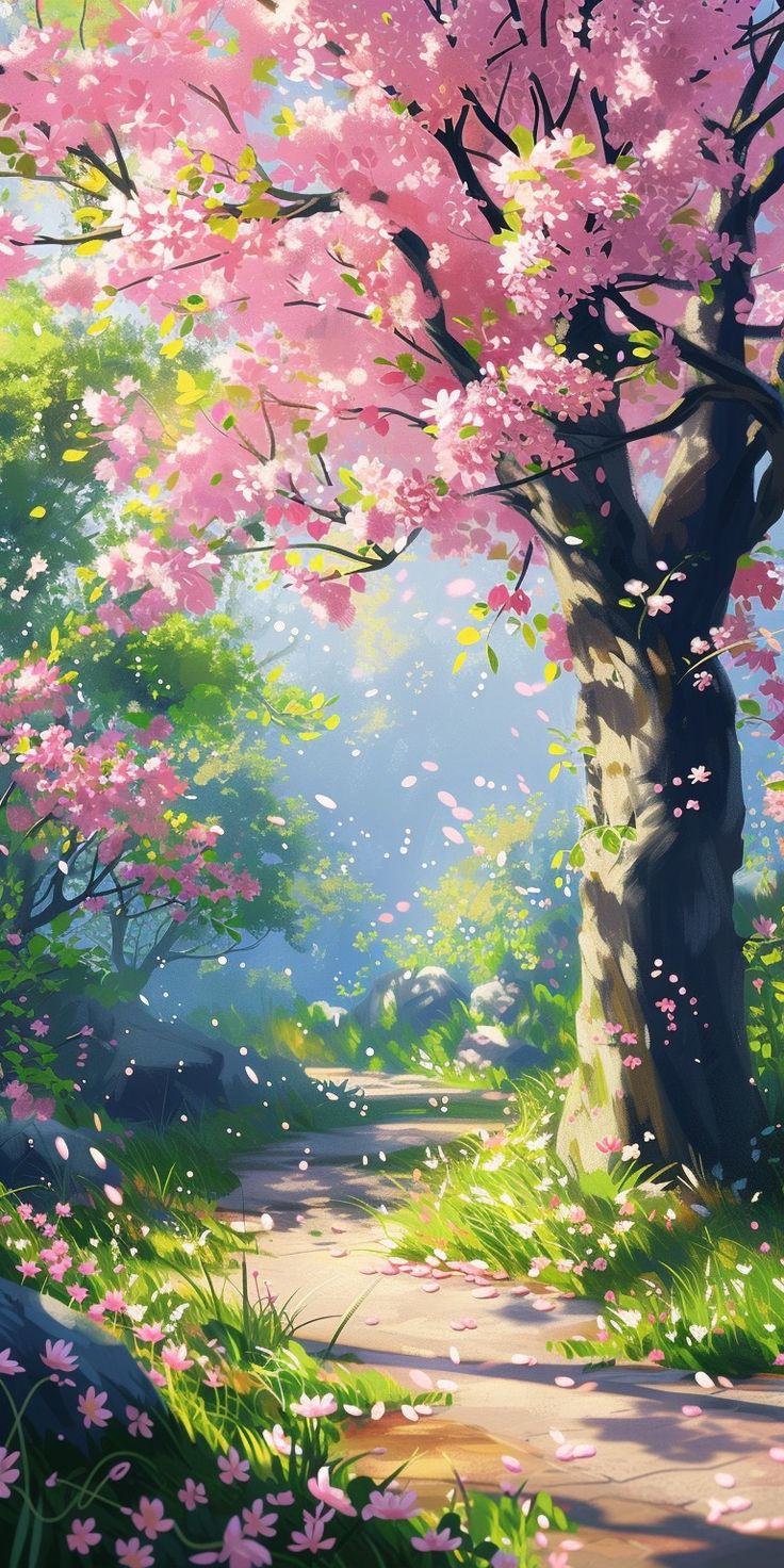 a painting of a tree in the middle of a forest with pink flowers on it