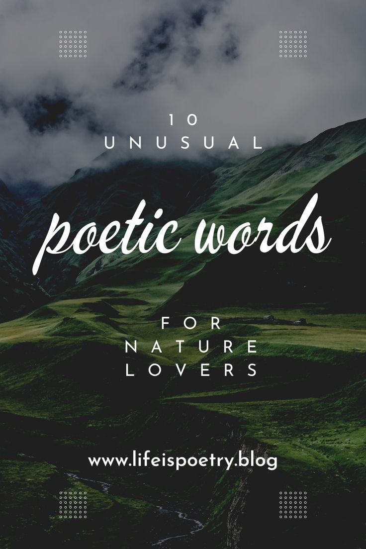 the words, unsual poetry words for nature lovers are shown in front of a mountain