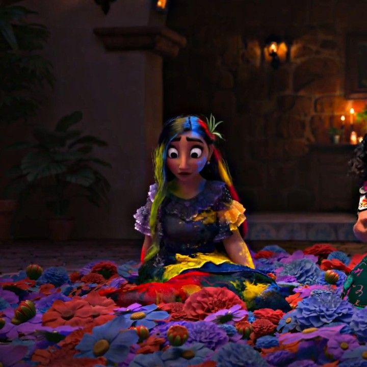 an animated character sitting on the ground surrounded by flowers