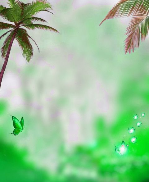 two palm trees with green leaves in the foreground and an image of a butterfly flying over them
