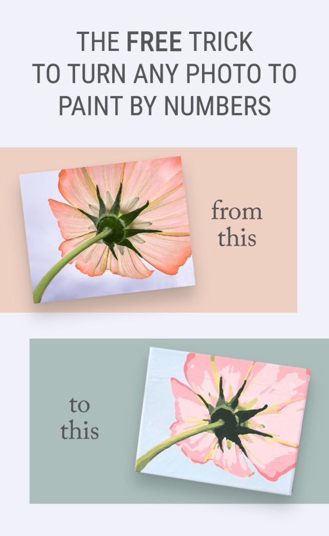 two pictures with the words, the free trick to turn any photo to paint by numbers