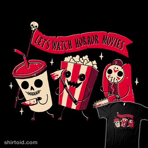 two t - shirts that say let's watch horror movies with popcorn and skulls