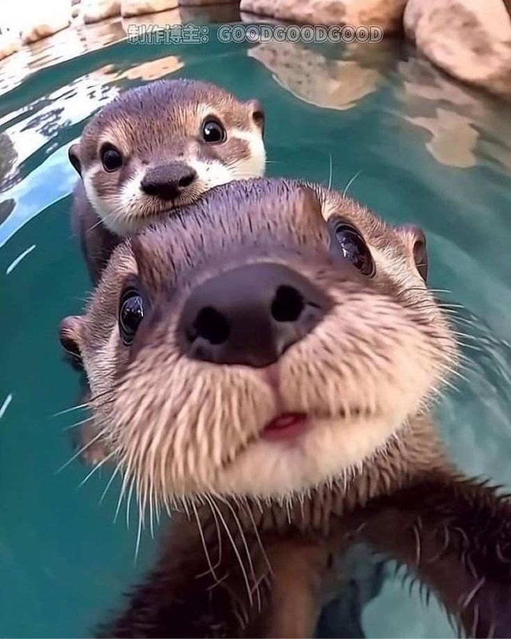 two otters are swimming in the water and one is looking up at the camera