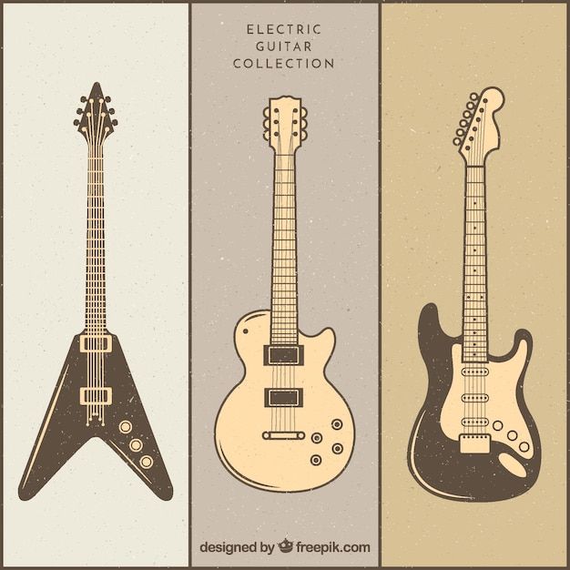three electric guitars are shown in four different colors
