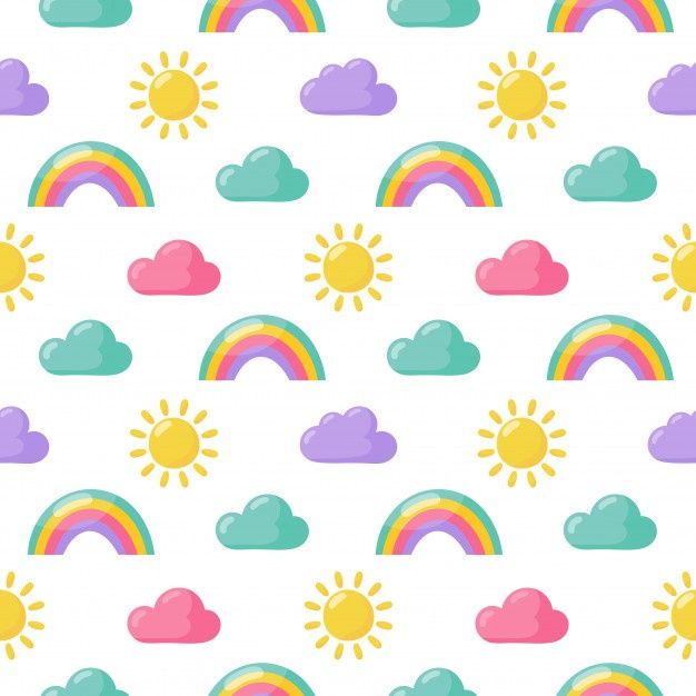 seamless pattern with rainbows and clouds in pastel colors on a white background