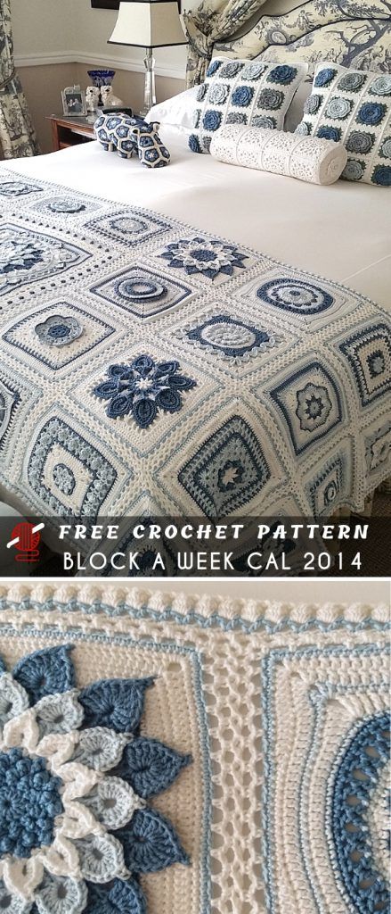 a bed with blue and white crocheted bedspread on top of it