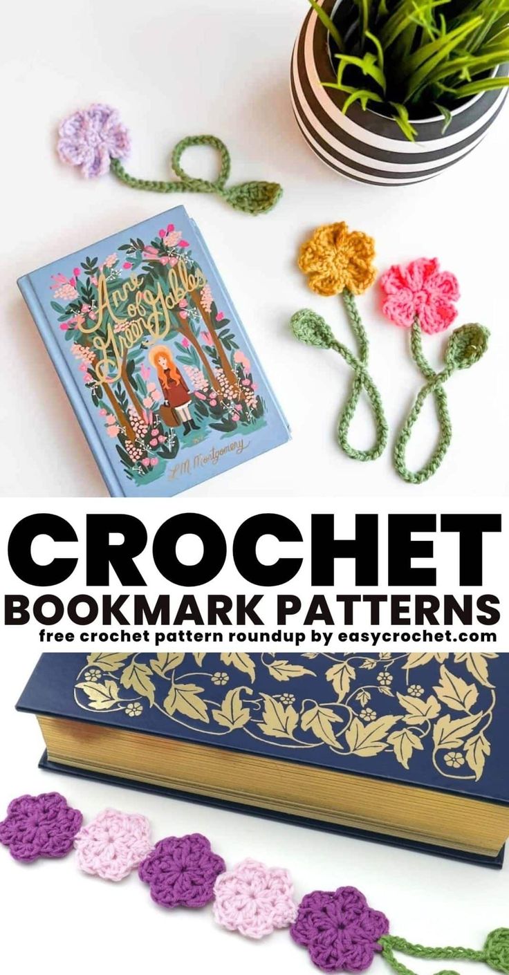 crochet bookmark patterns with flowers and books on the table next to it