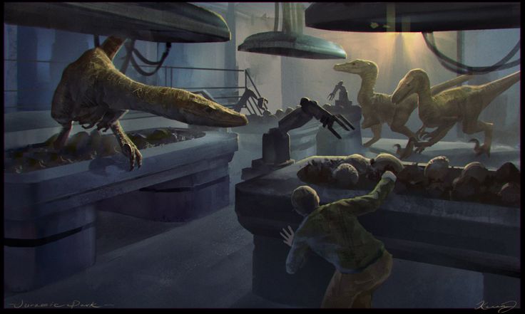 an artist's rendering of dinosaurs in a museum