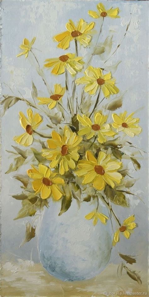 a painting of yellow flowers in a white vase