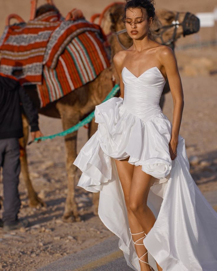 a woman in a white dress is walking with a camel behind her on the road