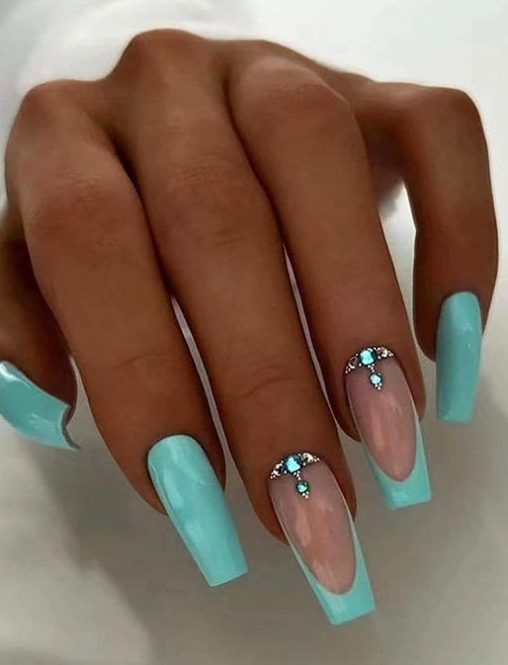 20 Stunning Rhinestone Summer Nail Ideas for 2024: Long, Bling, Simple, Bright Designs Summer Colored Nails, Summer Nails 2024 Color Trends, Summer Teal Nails, Cute Summer Nails Coffin, Turquoise Acrylic Nails, Nails Lilac, White Summer Nails, Olive Nails, Nails Bright