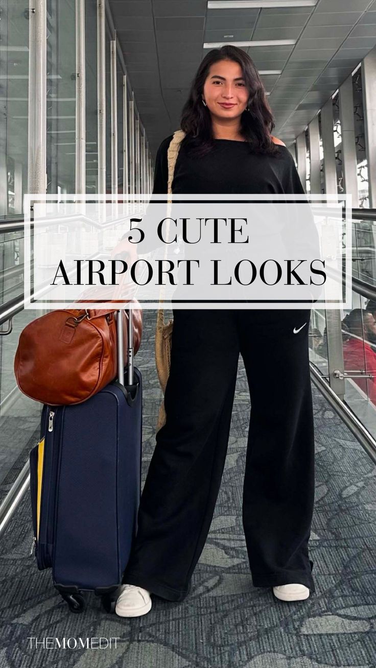 a woman standing in an airport with her luggage and the words, 5 cute airport looks